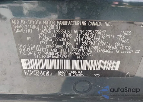 2010 Toyota Rav4 Limited V6 z USA, uszkodzony, nr VIN 2T3DK4DV1AW024782